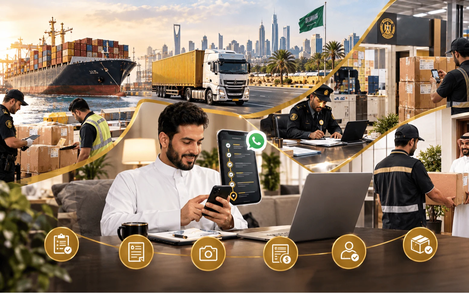 خدمة الشحن والتخليص الجمركي: لوحة مراحل بتوضح مخرج كل مرحلة من المراجعة للتسليم جنب شحنة مغلّفة