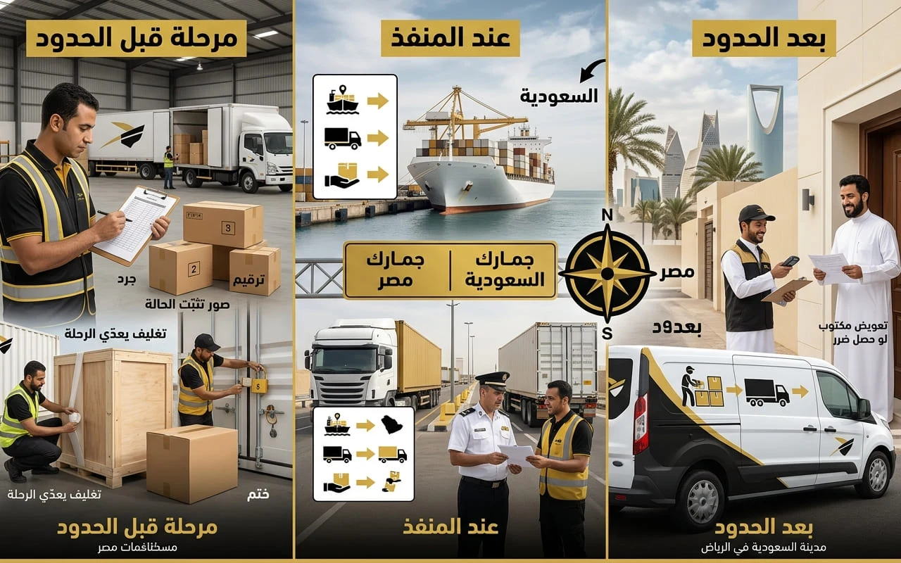 شحن دولي من مصر للسعودية: مندوب يسلّم كراتين مرقمة ومتصوّرة لشاحنة جاهزة للتحرك من مصر للسعودية