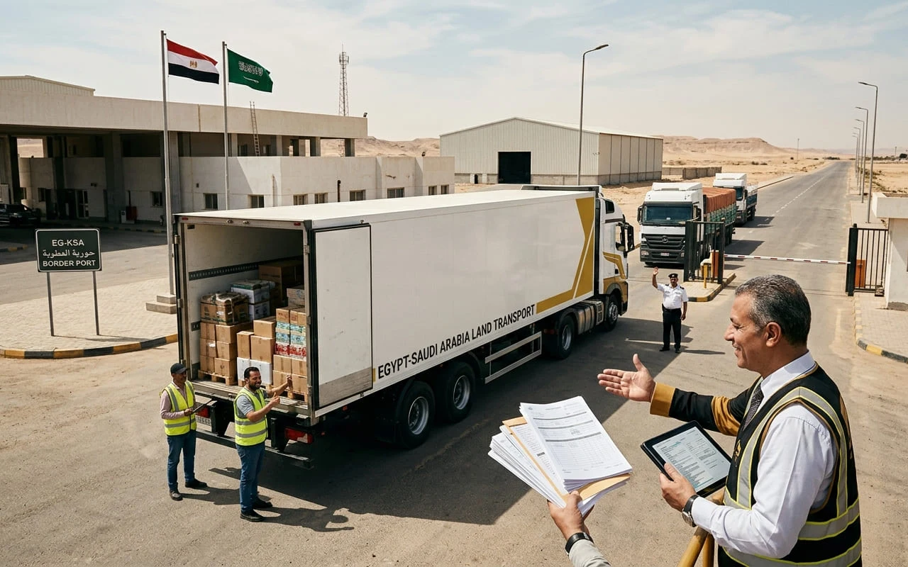 شركة شحن بري للسعودية: مخلّص بيطابق ملف أوراق شحنة مع قائمة محتوياتها قبل تحميلها على شاحنة